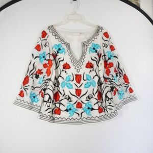 Alice + Olivia Trisha Embroidered Floral Bell Sleeve V Neck Tunic Top Size L